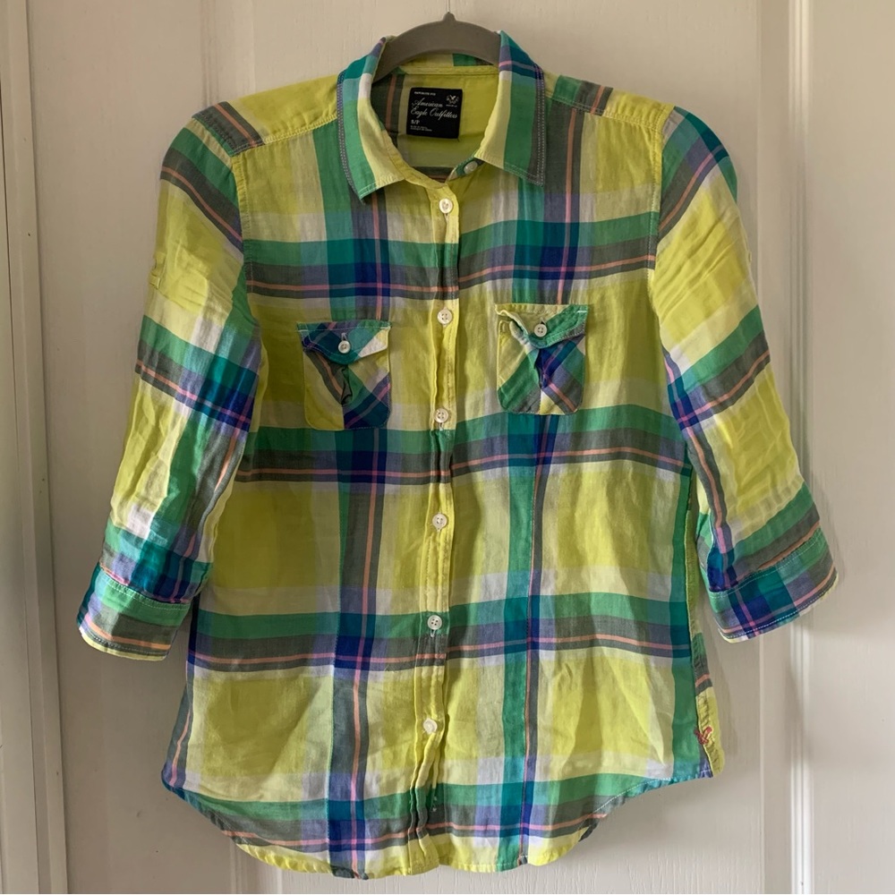 American Eagle Bright Plaid Button Doen - image 1